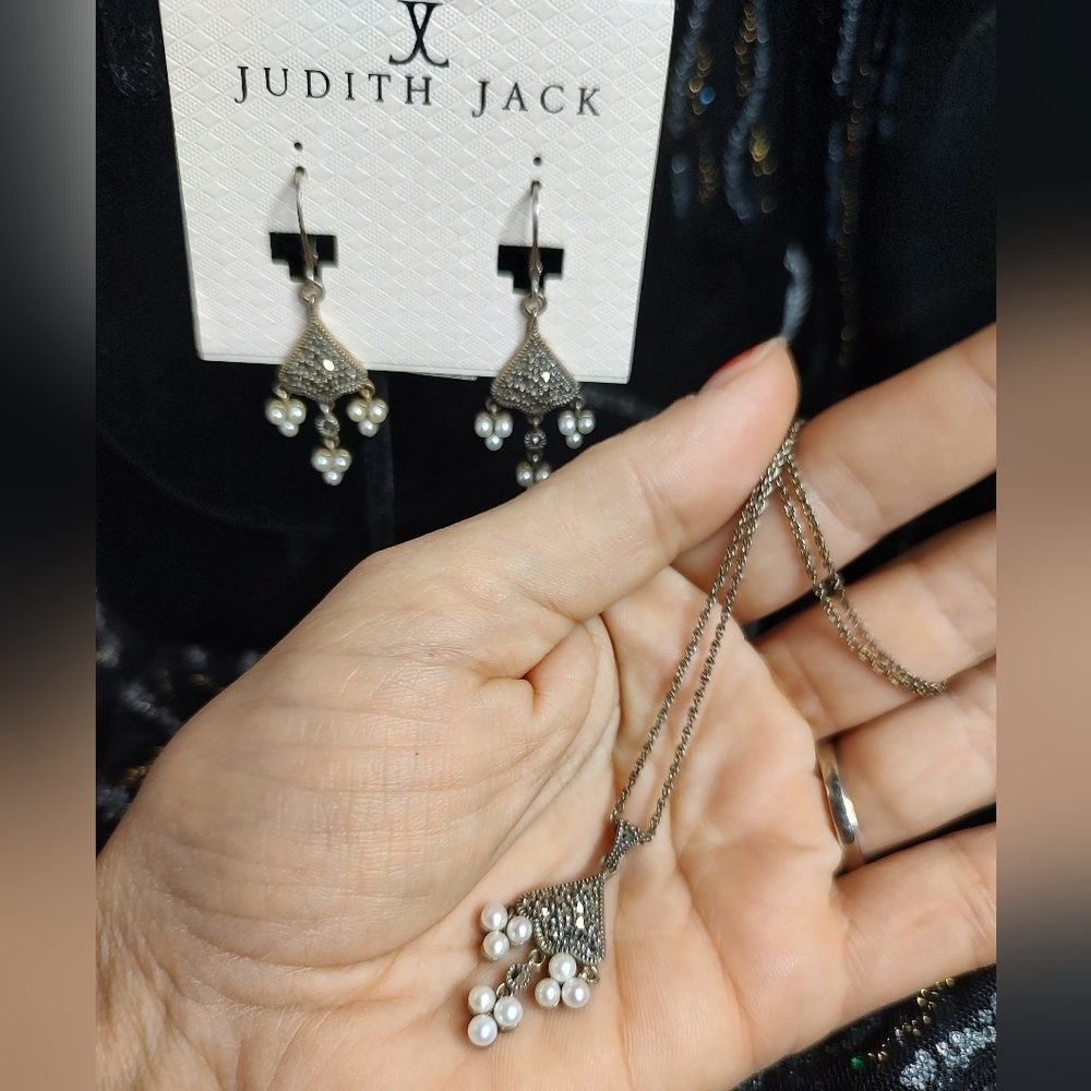Judith Jack Chandelier Earrings & Necklace Marcasite and Pearl like bead…